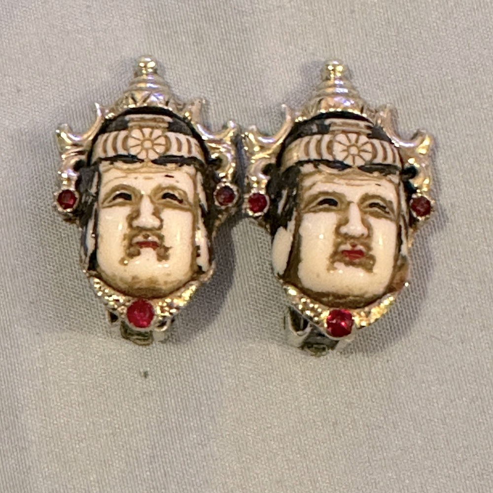 Vintage Japanese Toshikane Mask Porcelain Earrings Clip Backs